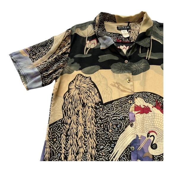 VINTAGE CITRON Crane Print Silk Button Down | L | Multicolor | Boho Resort - Picture 4 of 10